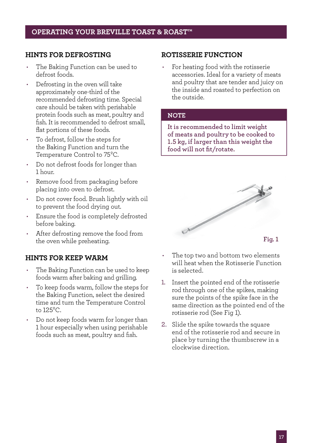 Breville BOV550 manual Hints for defrosting, Hints for keep warm, Rotisserie function 