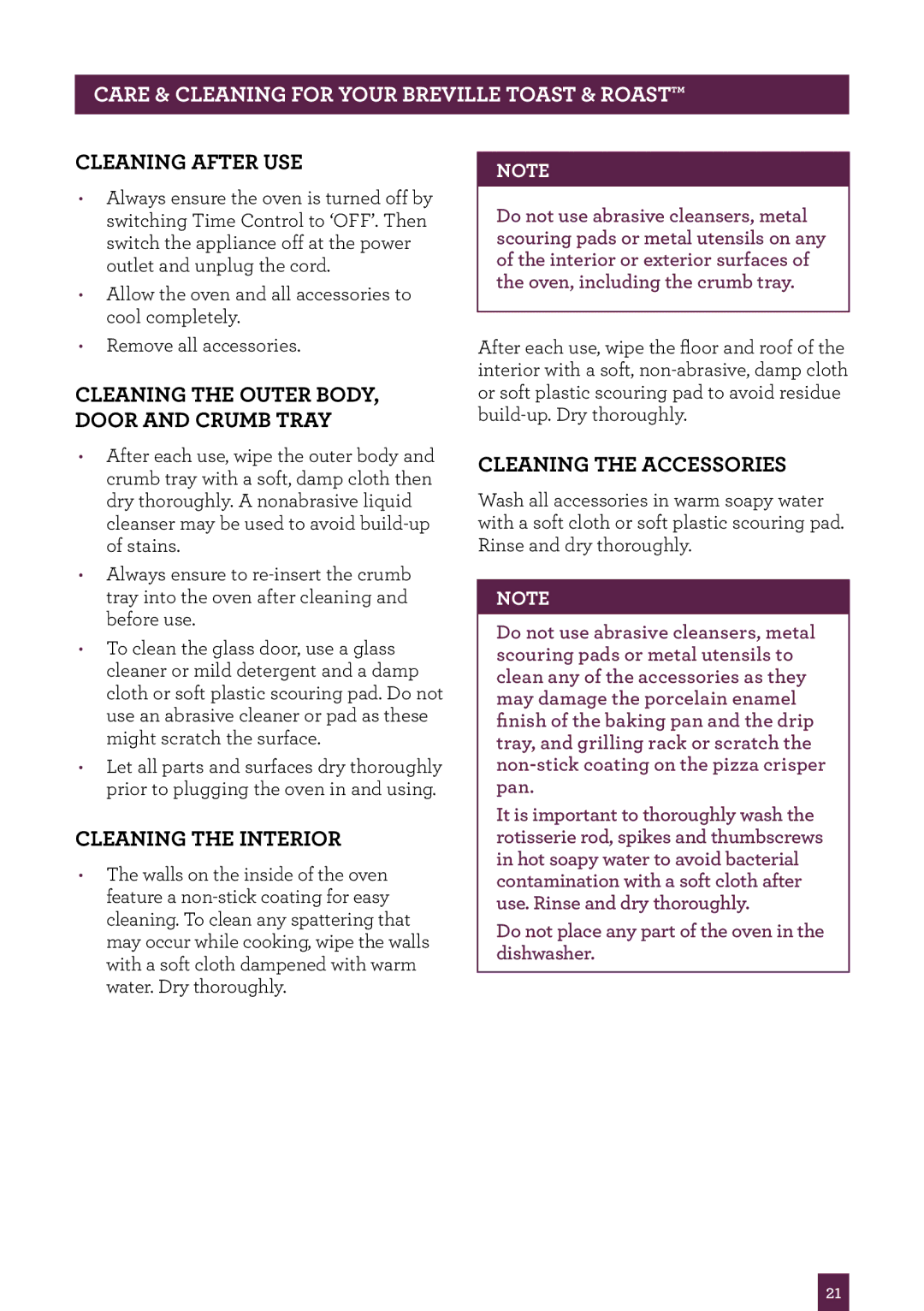 Breville BOV550 manual Cleaning after use, Cleaning the outer body, door and crumb tray, Cleaning the interior 
