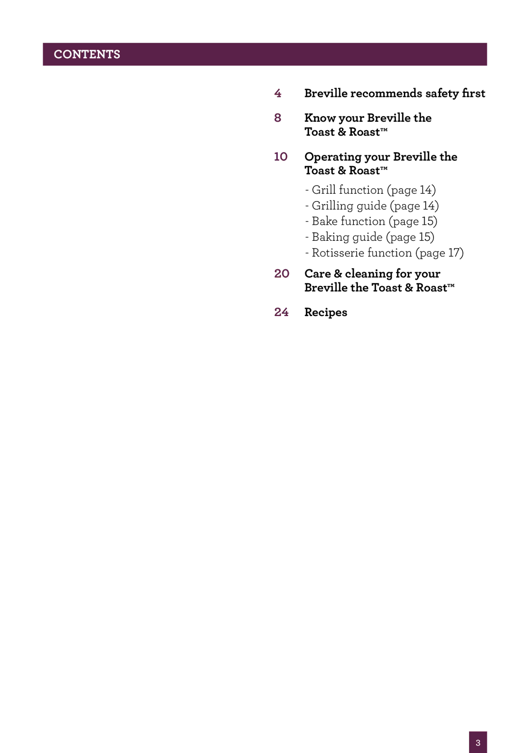 Breville BOV550 manual Contents 