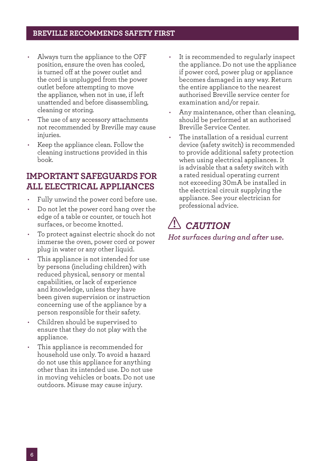 Breville BOV550 manual Important Safeguards for ALL Electrical Appliances 