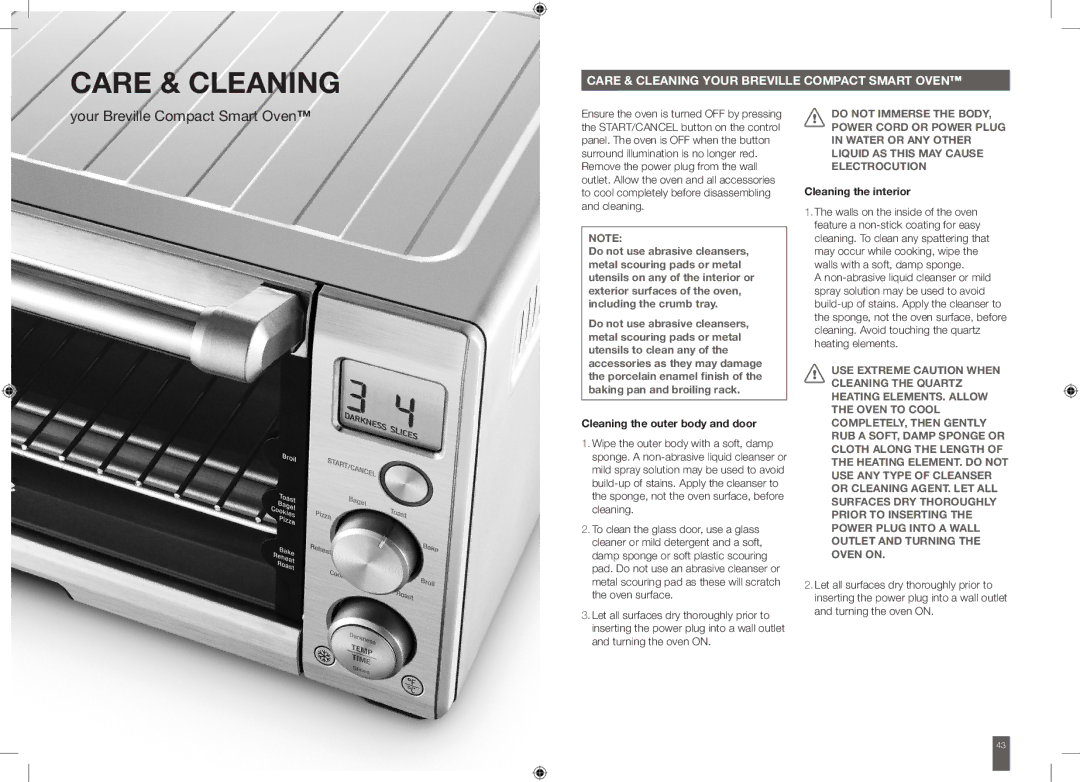 Breville BOV650XL manual Care & Cleaning Your Breville Compact Smart Oven, Cleaning the outer body and door 