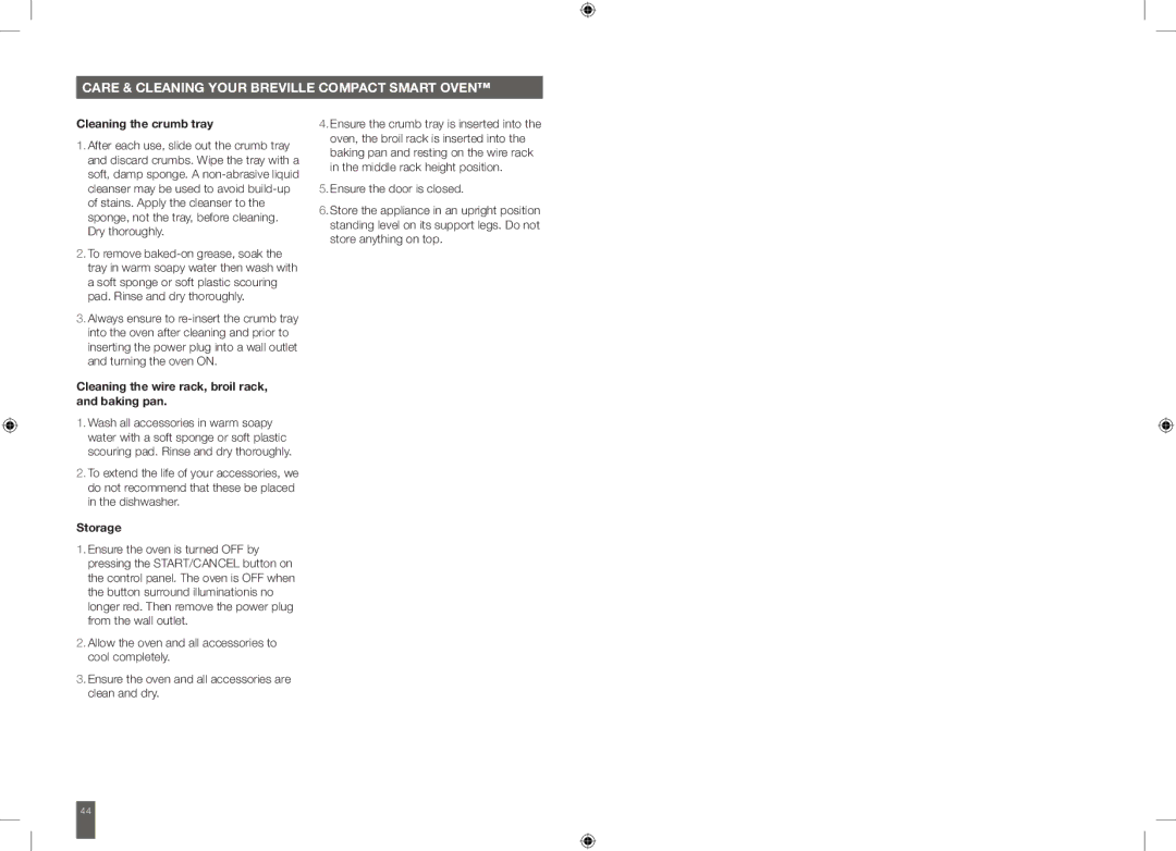 Breville BOV650XL manual Cleaning the crumb tray, Cleaning the wire rack, broil rack, and baking pan, Storage 