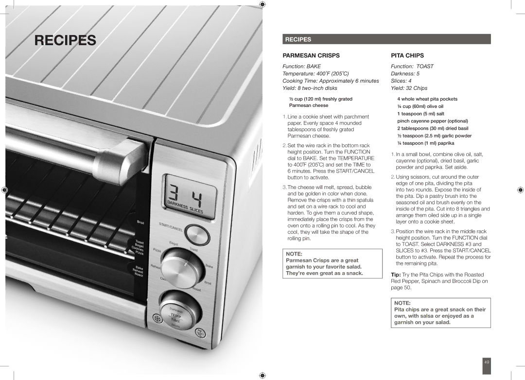 Breville BOV650XL manual Recipes, Parmesan Crisps, Pita Chips, Function Toast Darkness Slices Yield 32 Chips 