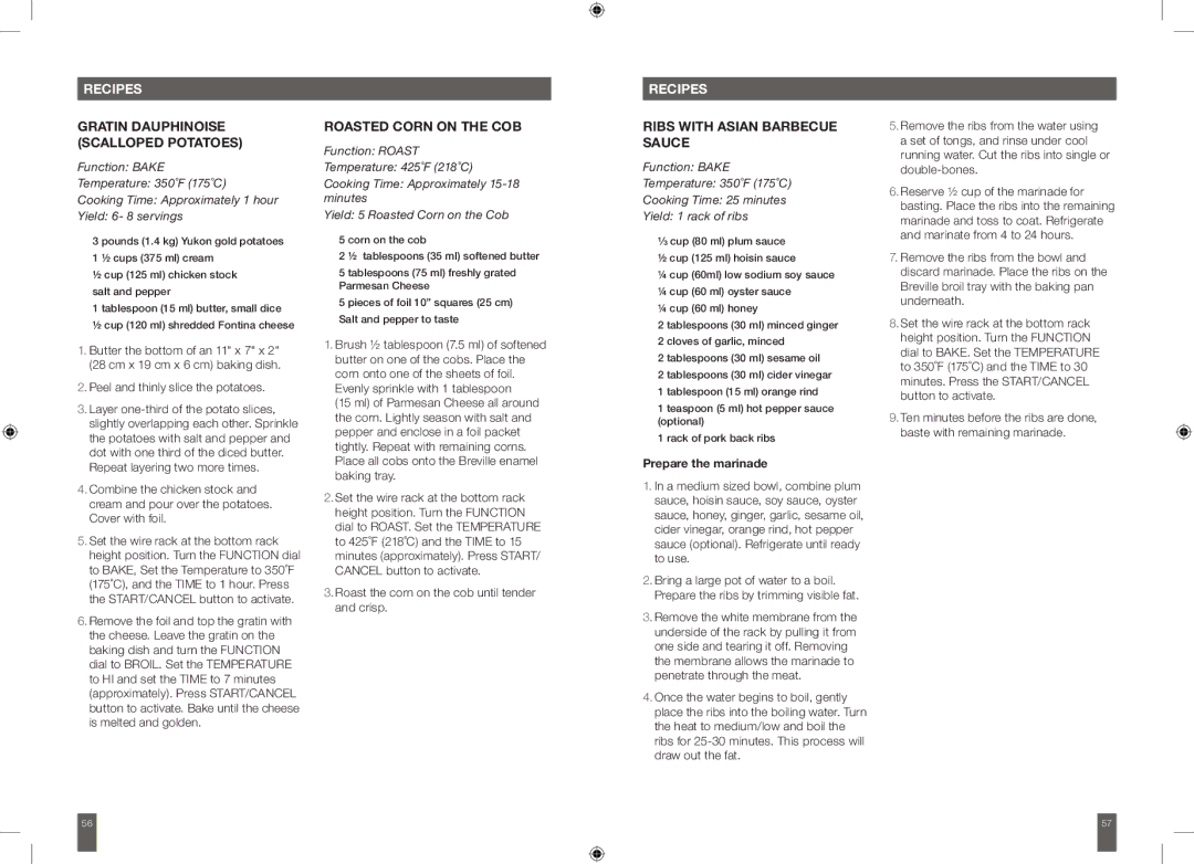 Breville BOV650XL manual Gratin Dauphinoise Scalloped Potatoes, Roasted Corn on the COB, Ribs with Asian Barbecue Sauce 