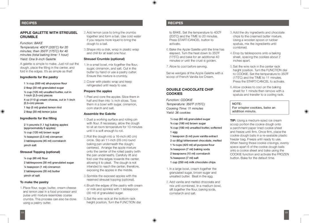 Breville BOV650XL manual Apple Galette with Streusel Crumble, Double Chocolate Chip Cookies 