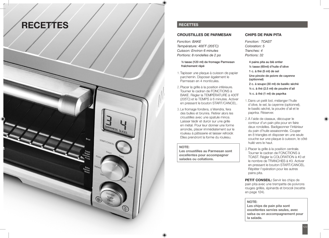 Breville BOV650XL manual Recettes, Croustilles de Parmesan, Chips de Pain Pita, Fonction Toast Coloration Tranches Portions 