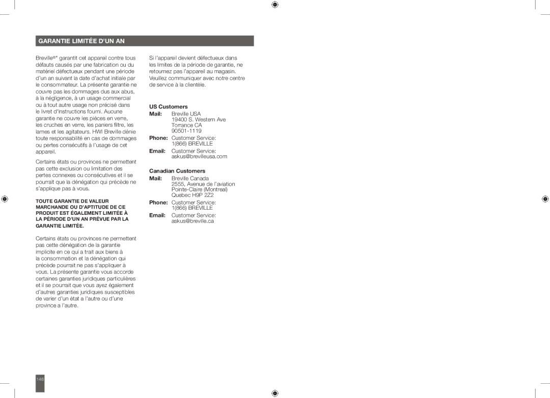 Breville BOV650XL manual Garantie Limitée D’UN AN, US Customers 