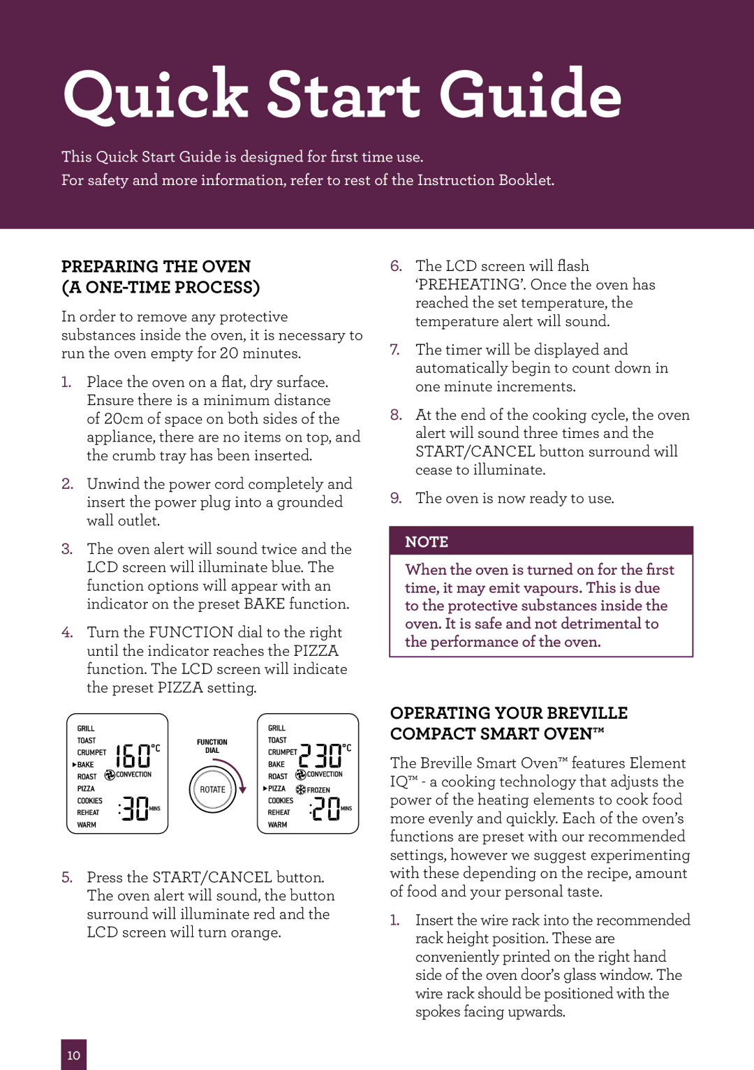 Breville BOV800 manual QuickPAge header..... Start Guide, Preparing the Oven a ONE-TIME Process 