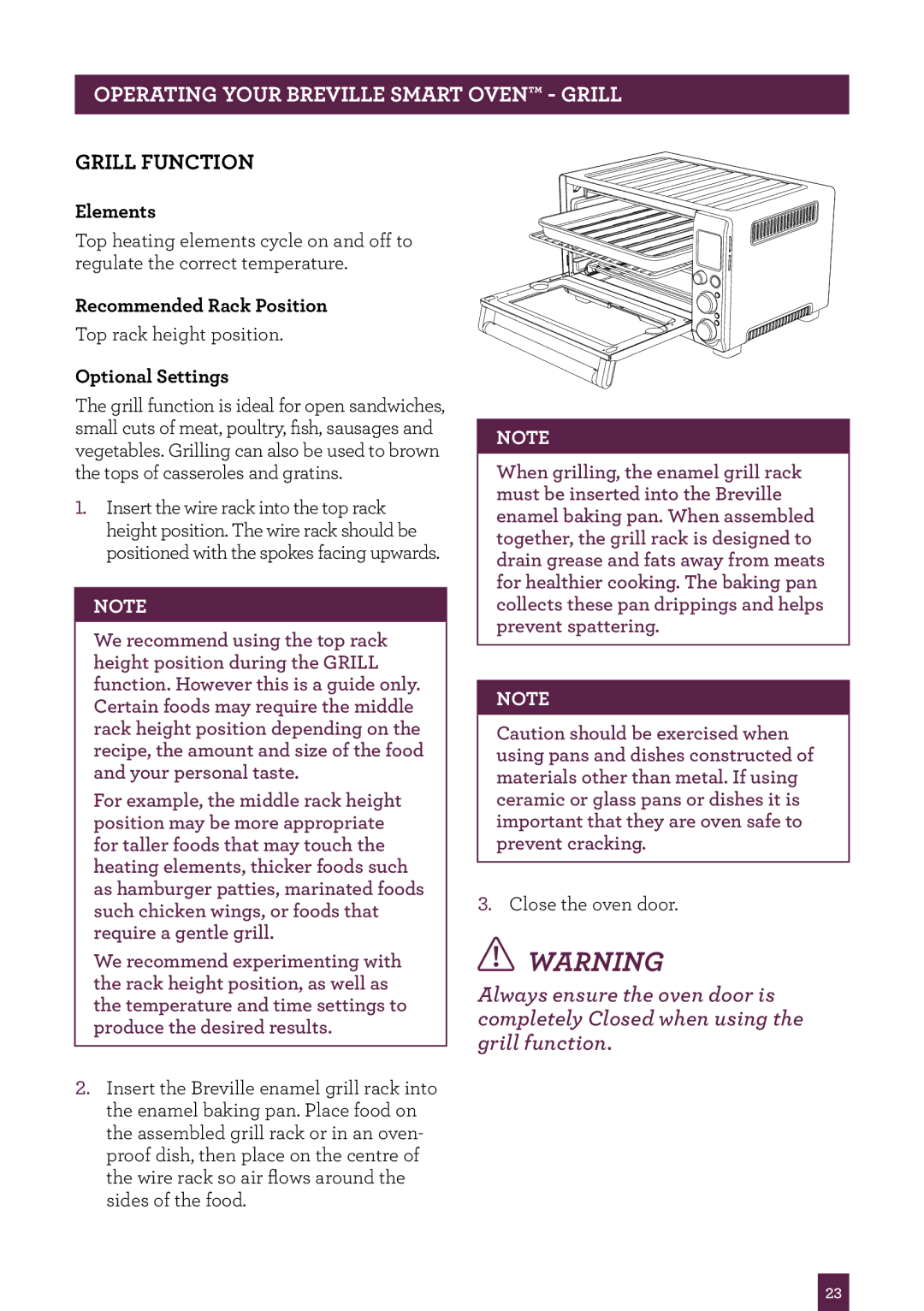 Breville BOV800 manual Operating your Breville Smart Oven grill, Grill Function 