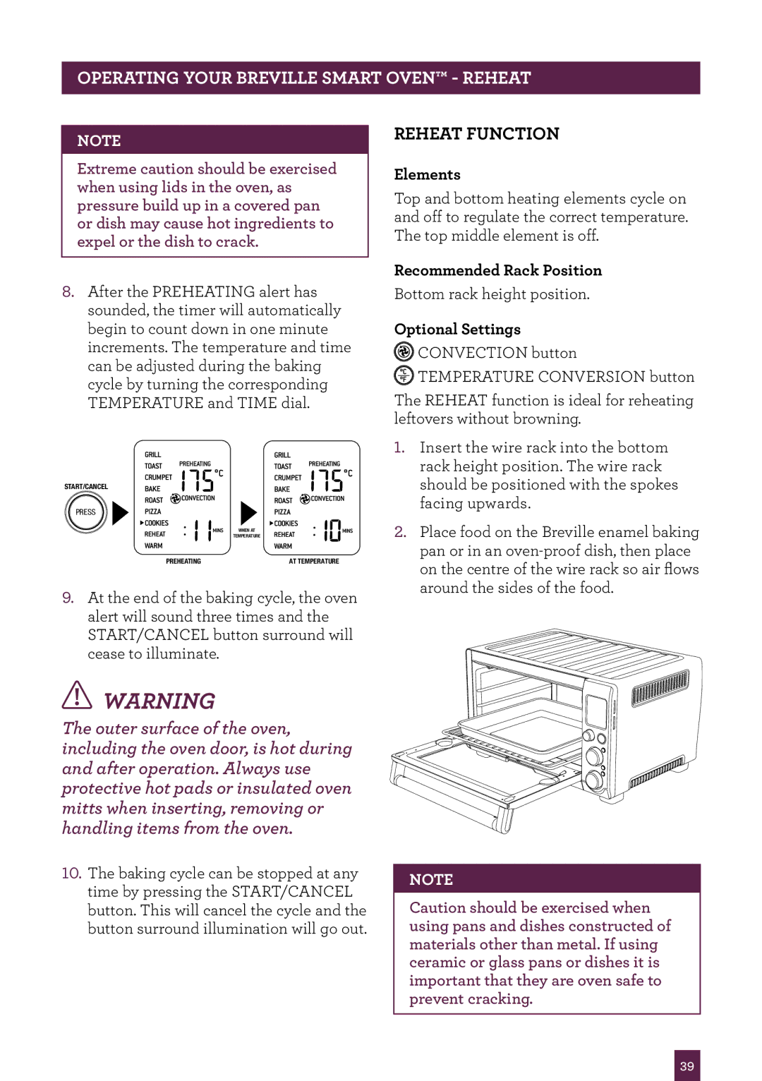 Breville BOV800 manual Operating your Breville Smart Oven reheat, Reheat Function 