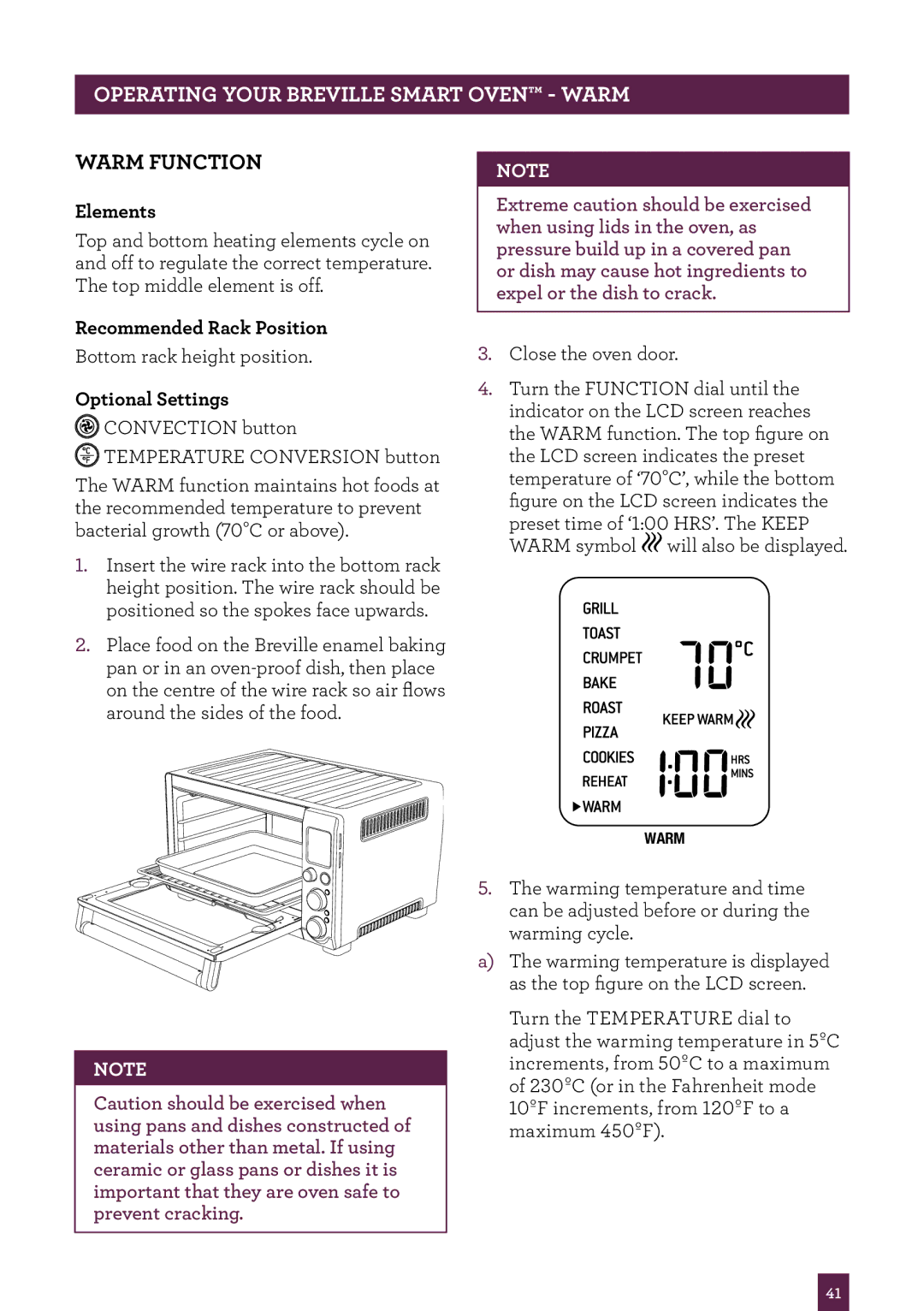 Breville BOV800 manual Operating your Breville Smart Oven warm, Warm Function 