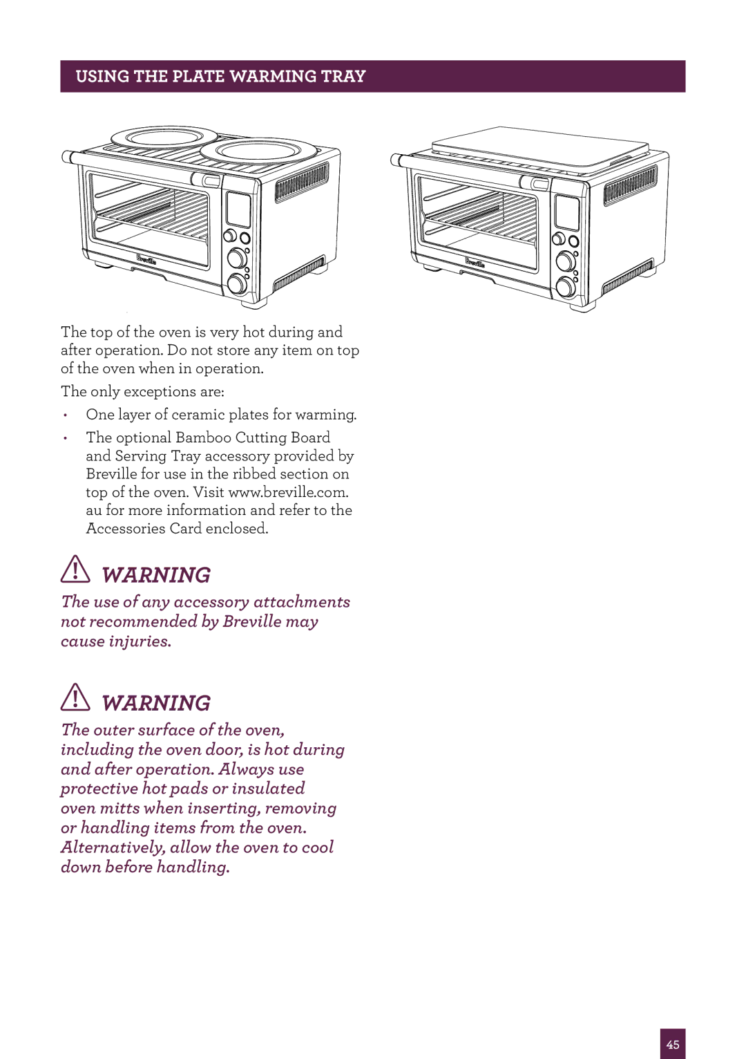 Breville BOV800 manual Using the plate warming tray 