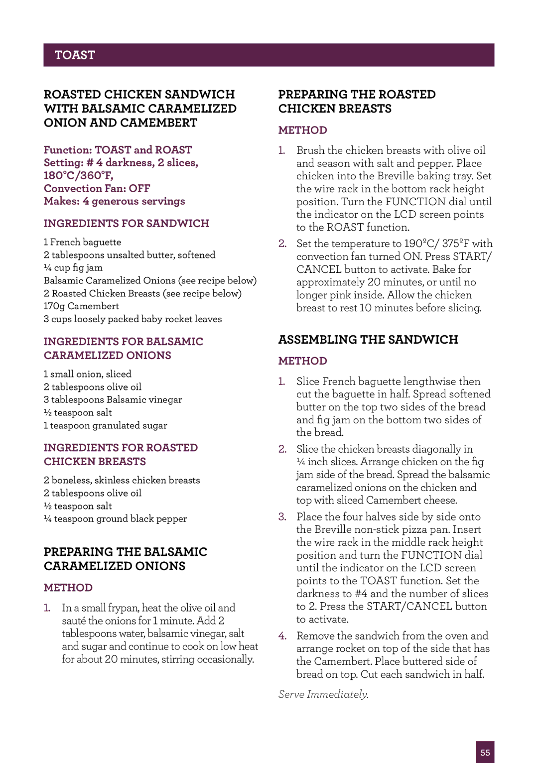 Breville BOV800 manual Toast, Preparing the Balsamic Caramelized Onions, Preparing the Roasted Chicken Breasts 