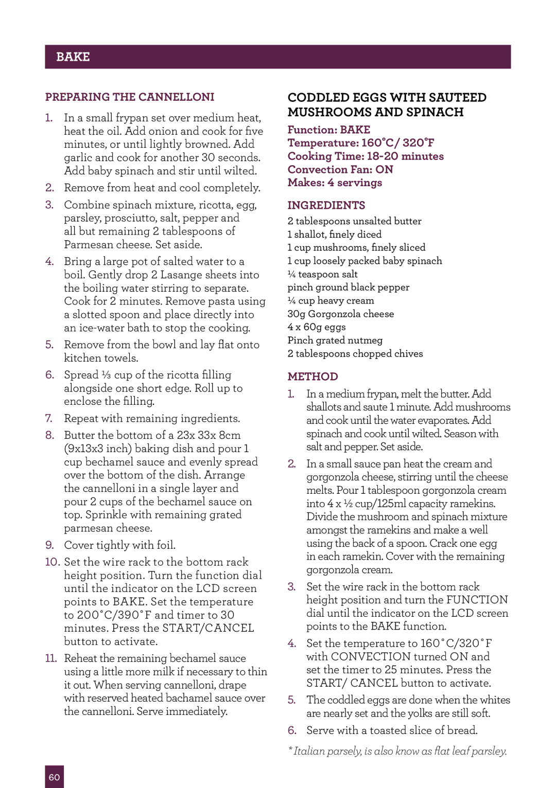 Breville BOV800 manual Coddled Eggs with Sauteed Mushrooms and Spinach, Preparing the Cannelloni 