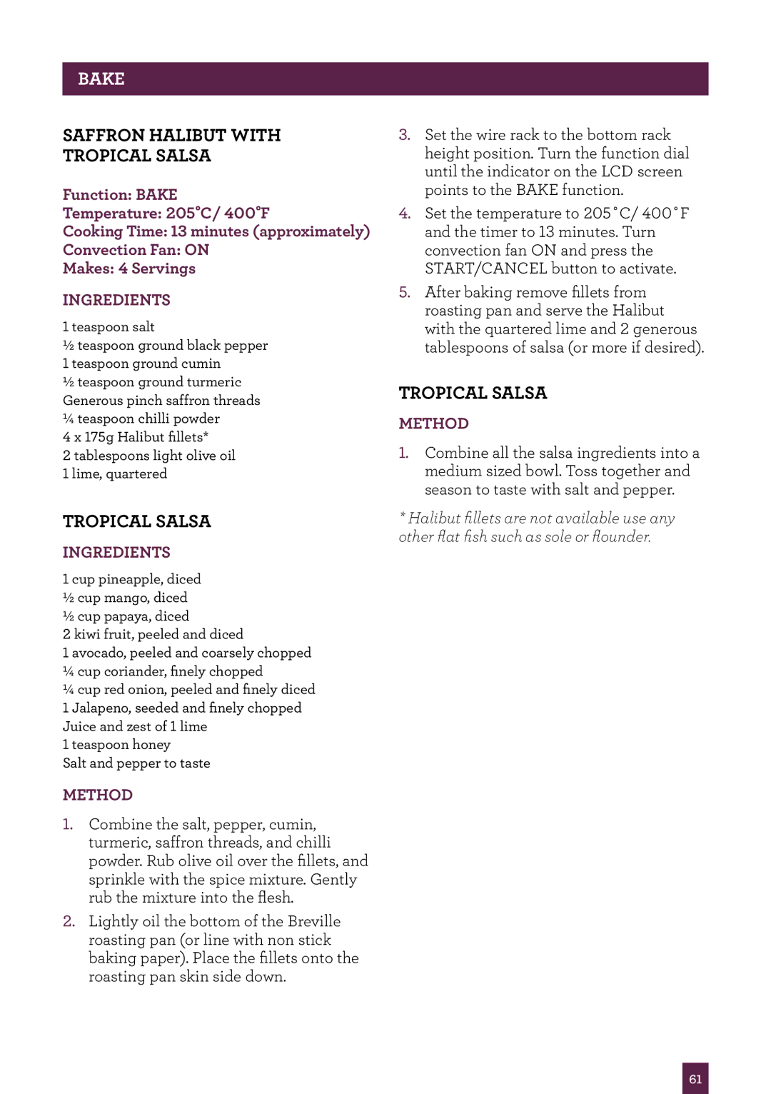 Breville BOV800 manual Saffron Halibut with Tropical Salsa 