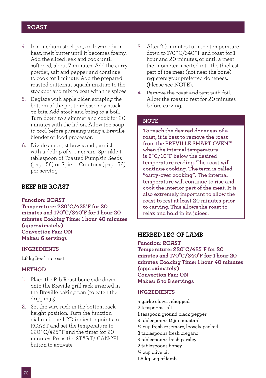Breville BOV800 manual Beef RIB Roast, Herbed LEG of Lamb 