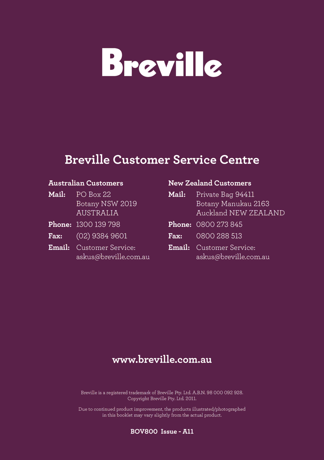 Breville BOV800 manual Australian Customers New Zealand Customers Mail, Phone, Fax 