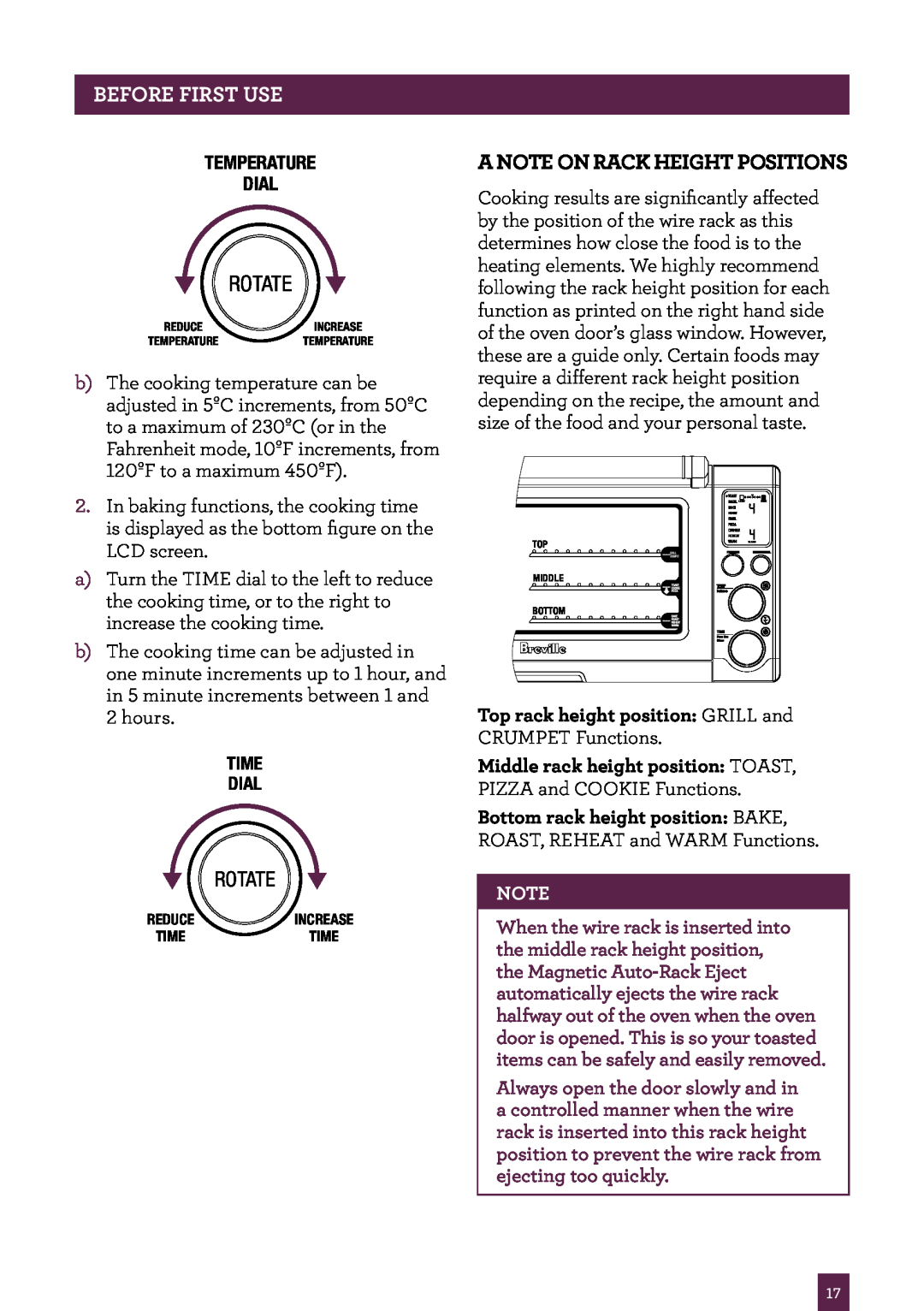 Breville BOV800 manual A note on rack height positions, Before First Use, Rotate, Temperature Dial 