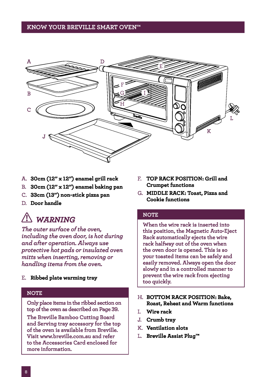 Breville BOV800 manual KNOW YOUR Breville Smart Oven, A. 30cm 12” x 12” enamel grill rack, D. Door handle 