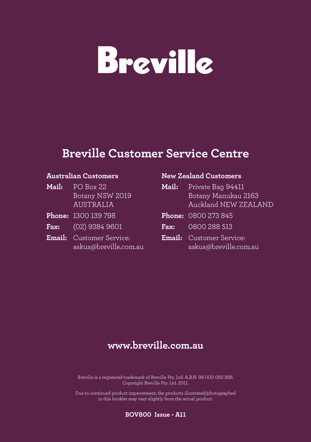 Breville BOV800 manual Australian Customers, New Zealand Customers, Mail, Phone, Breville Customer Service Centre 