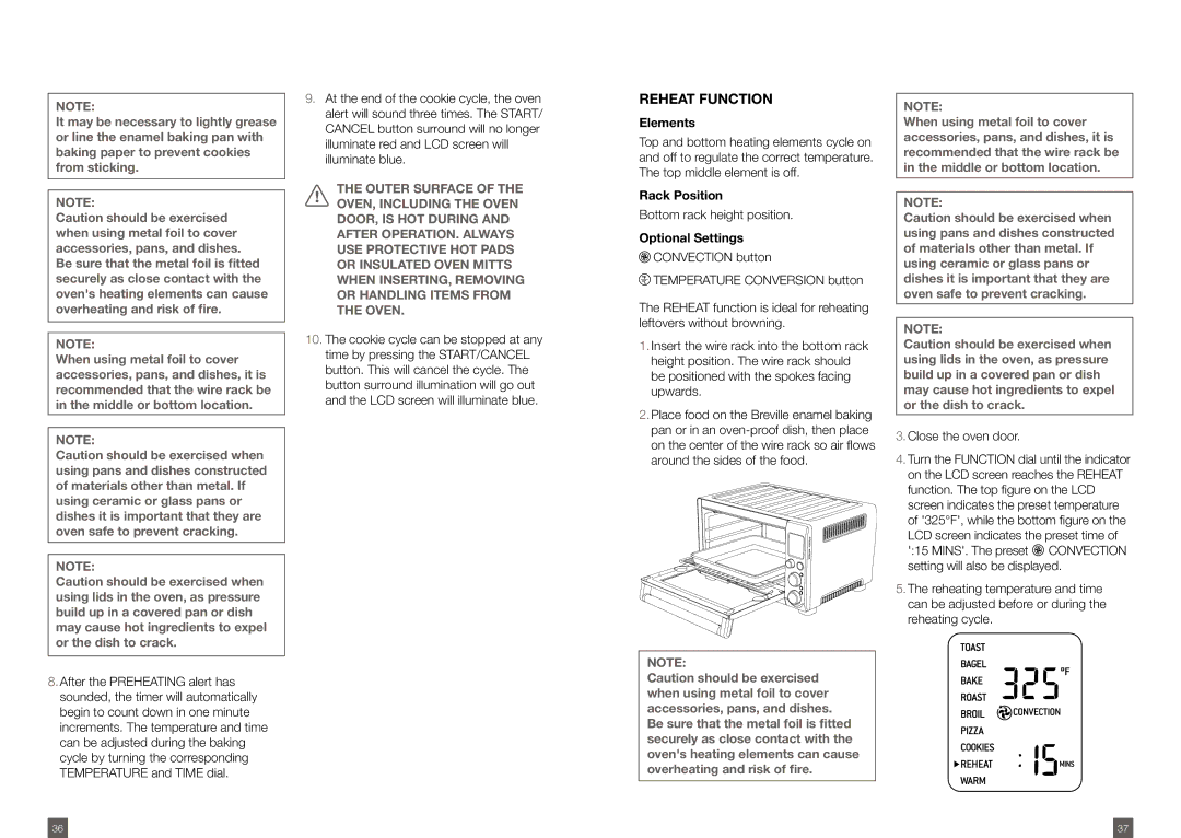 Breville BOV800XL /A manual Reheat Function, Bottom rack height position 