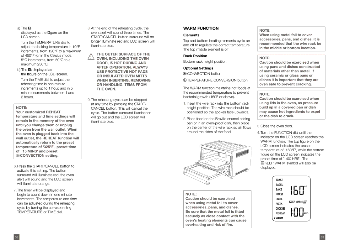 Breville BOV800XL /A manual Warm Function, Keep Warm symbol will also be displayed 