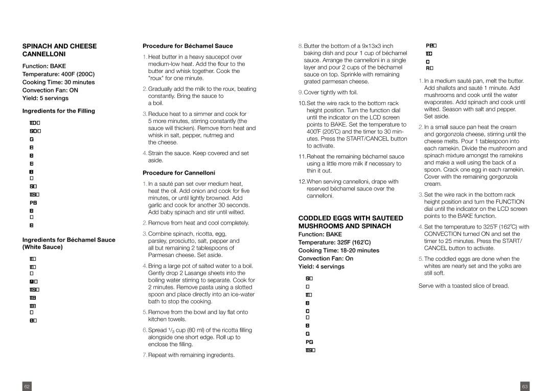 Breville BOV800XL /A manual Spinach and Cheese Cannelloni, Coddled Eggs with Sauteed Mushrooms and Spinach 