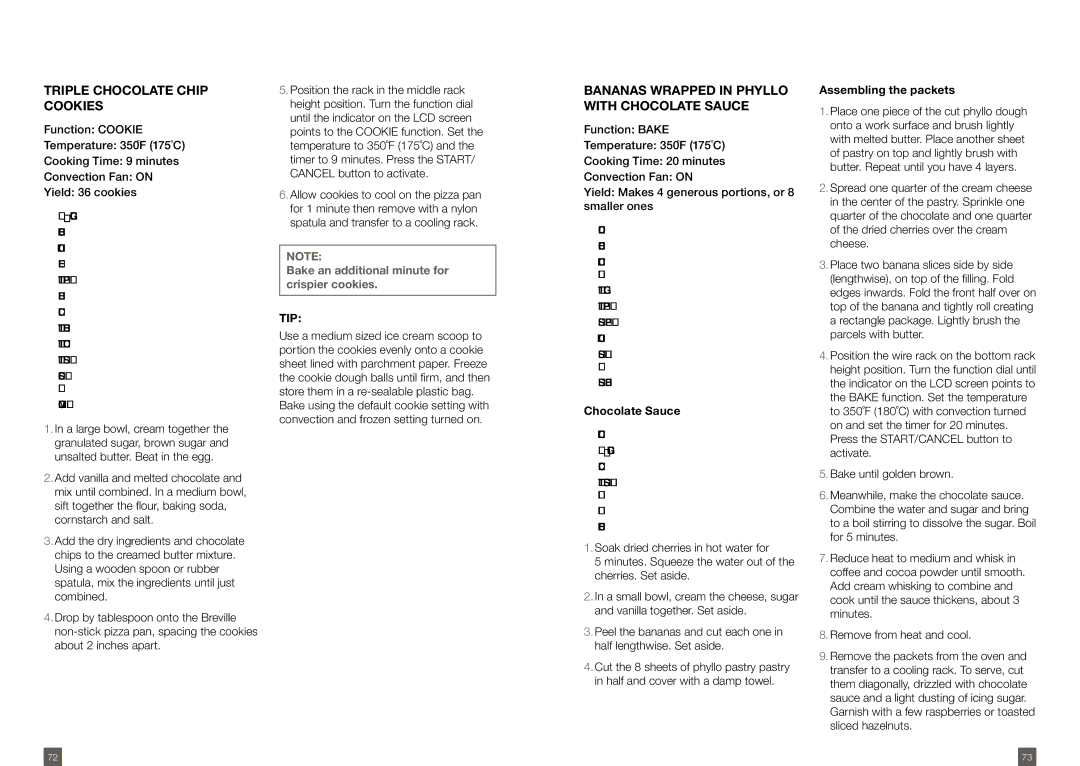 Breville BOV800XL /A manual Triple Chocolate Chip Cookies, Bananas Wrapped in Phyllo with Chocolate Sauce, Tip 
