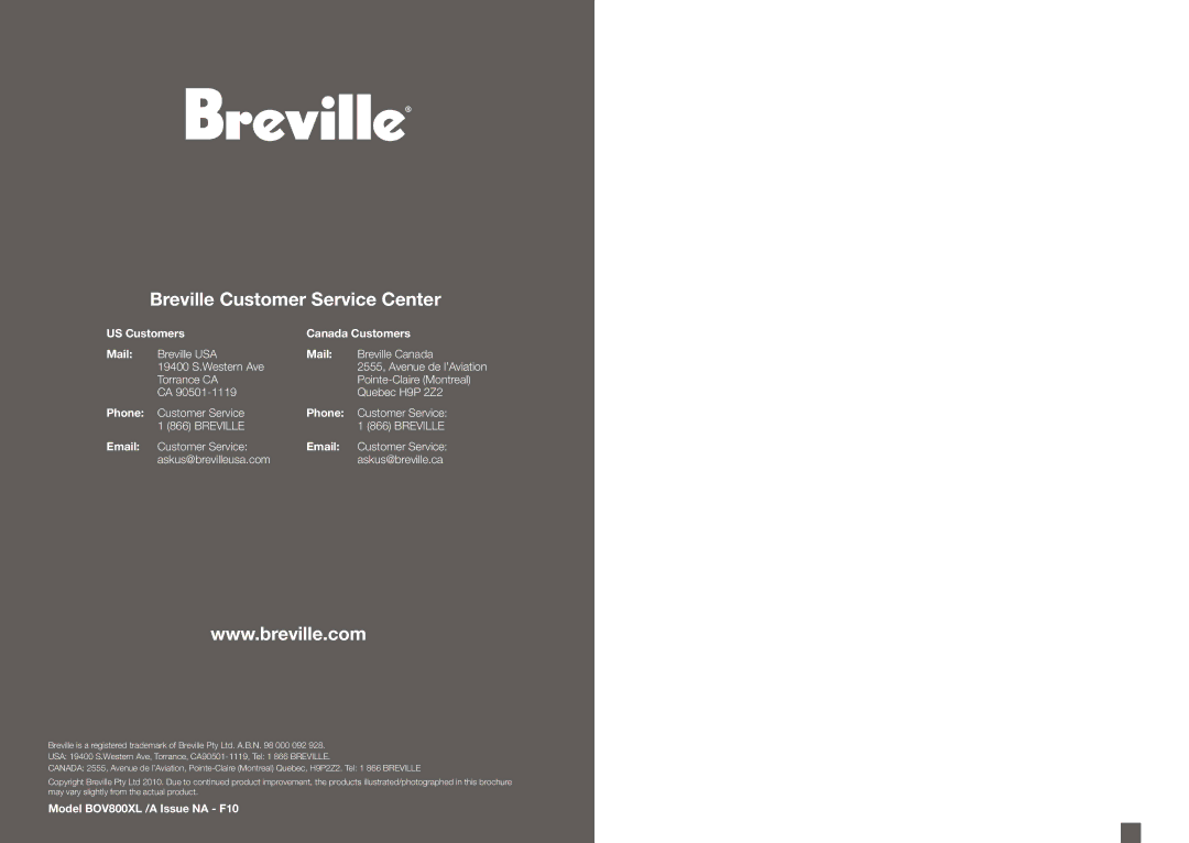 Breville BOV800XL /A manual Breville Customer Service Center 