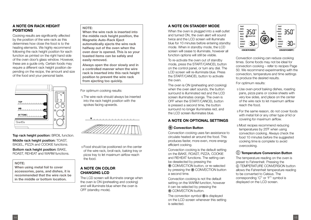 Breville BOV800XL /A manual Changing LCD, Convection Button, Temperature Conversion Button 