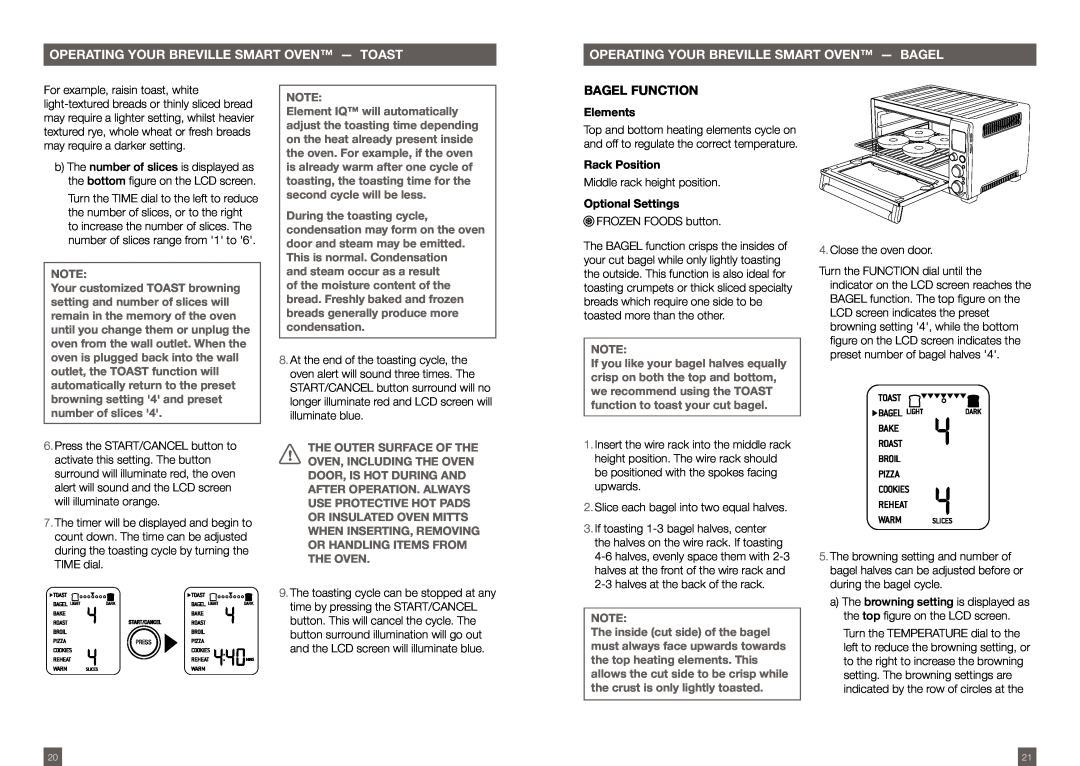 Breville BOV800XL /A manual Operating Your Breville Smart Oven - Bagel, Bagel Function, Elements, Rack Position 