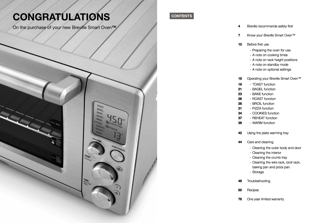 Breville BOV800XL /A manual Congratulations, On the purchase of your new Breville Smart Oven, Contents 