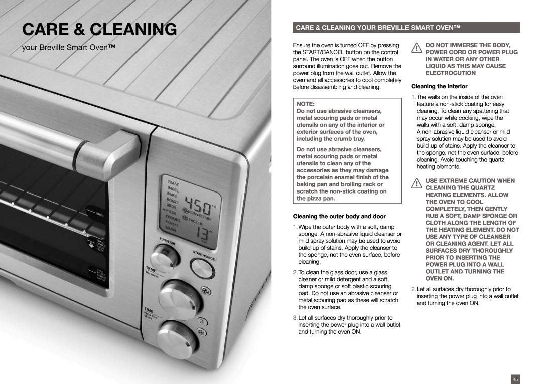 Breville BOV800XL /A Care & Cleaning Your Breville Smart Oven, Cleaning the outer body and door, Cleaning the interior 