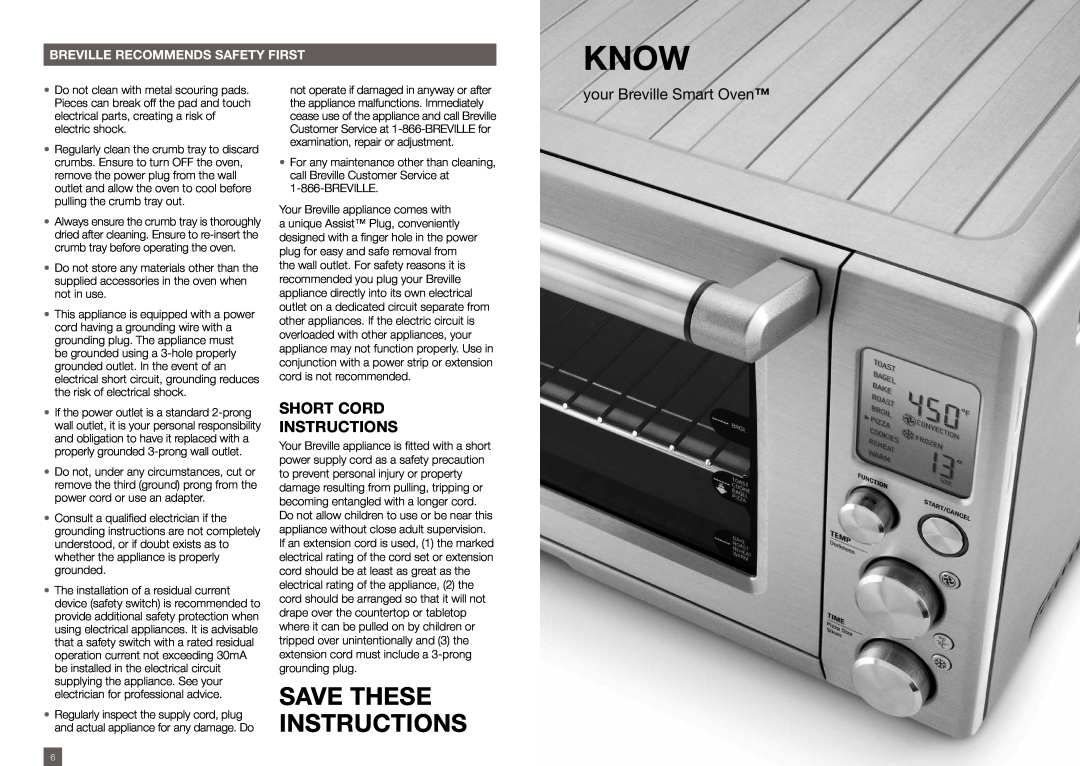 Breville BOV800XL /A manual Know, Save These Instructions, Short Cord Instructions, your Breville Smart Oven 