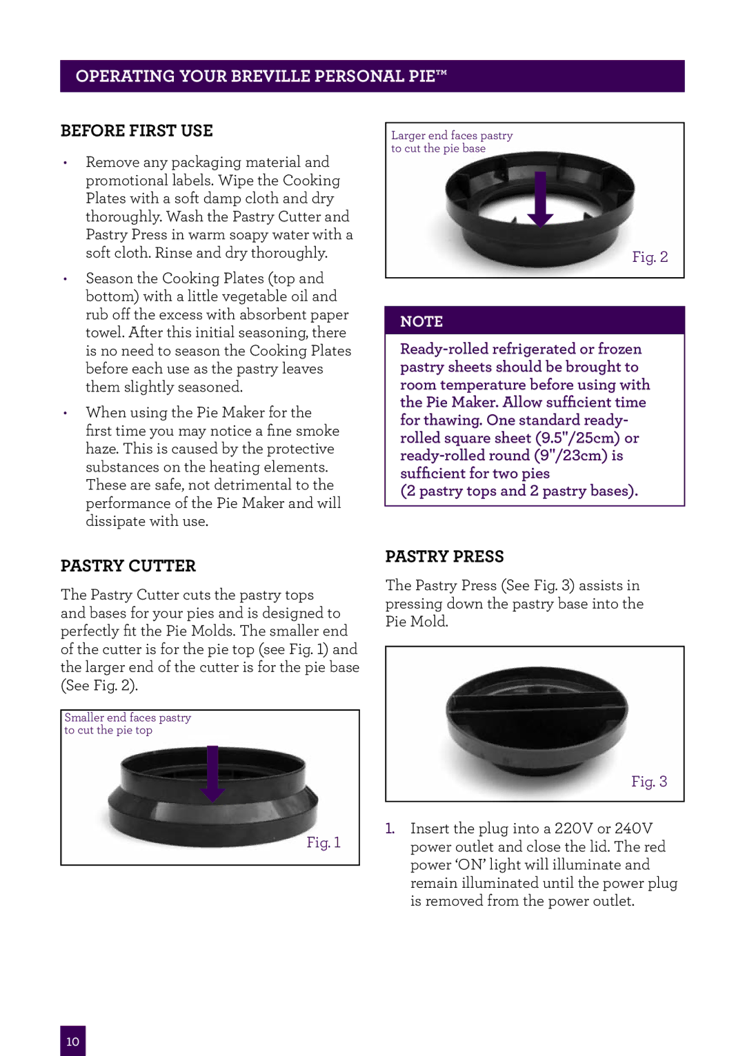 Breville BPI640 manual PAgeOPERATINGheaderYOUR..... Breville Personal PIE, Before first use, Pastry Press 