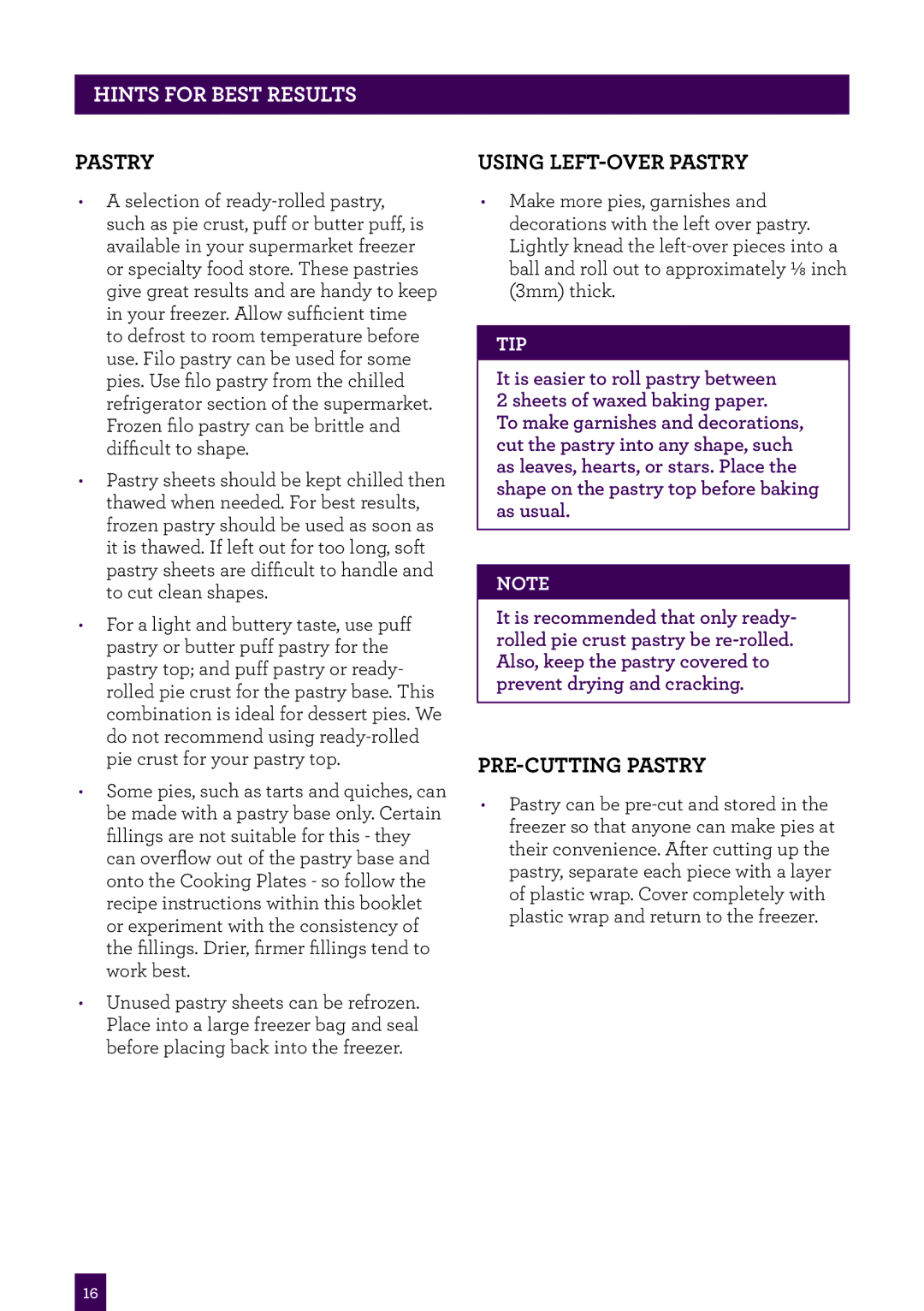Breville BPI640 manual PAgeHintsheaderfor best.....results, Pastry, Using left-over pastry, Pre-cutting pastry 