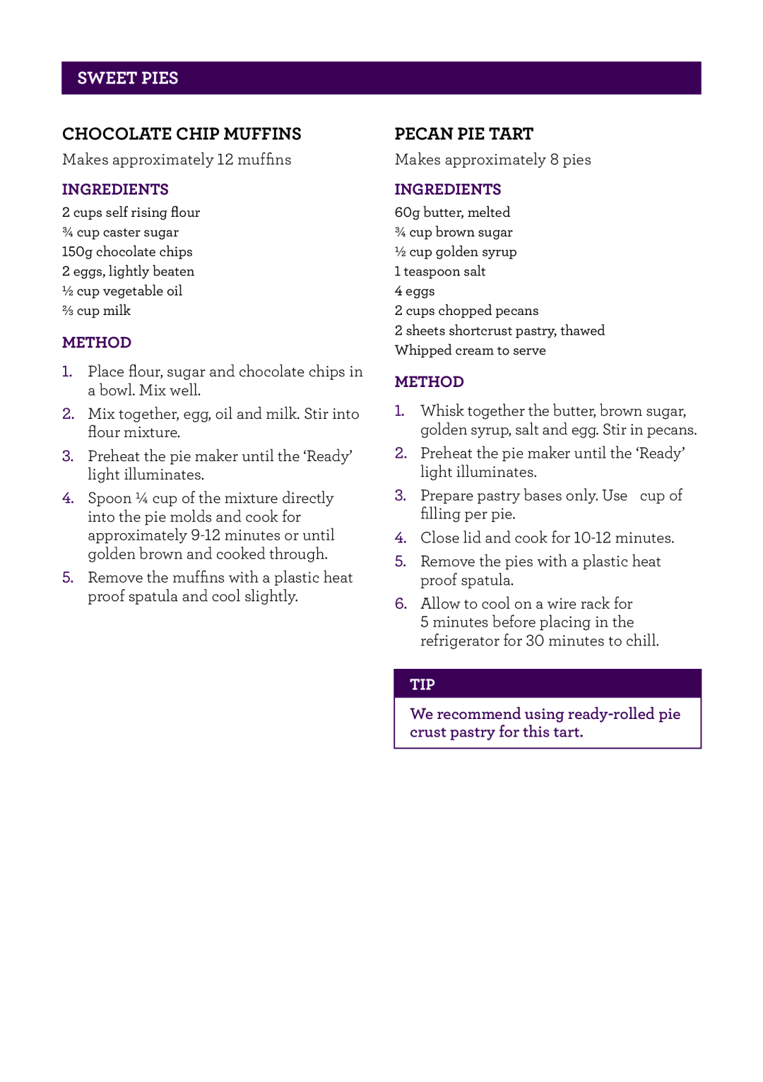 Breville BPI640 manual Chocolate Chip Muffins, Pecan Pie Tart 