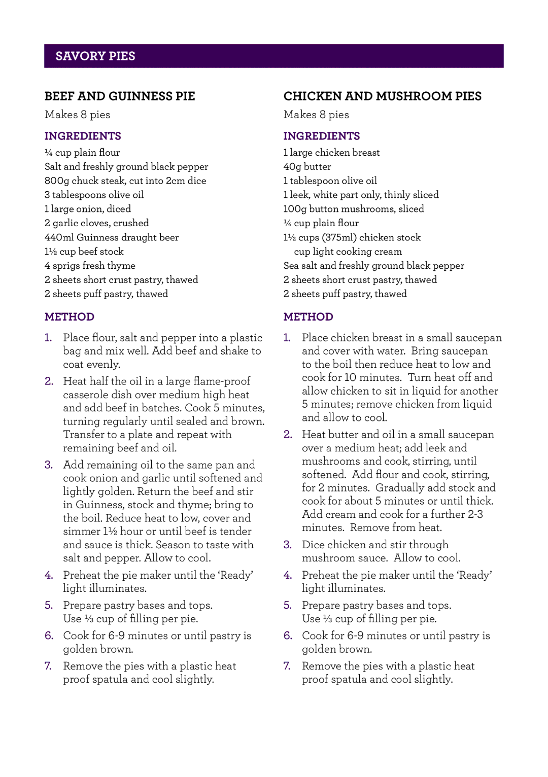 Breville BPI640 manual Beef and Guinness pie, Chicken and Mushroom Pies 