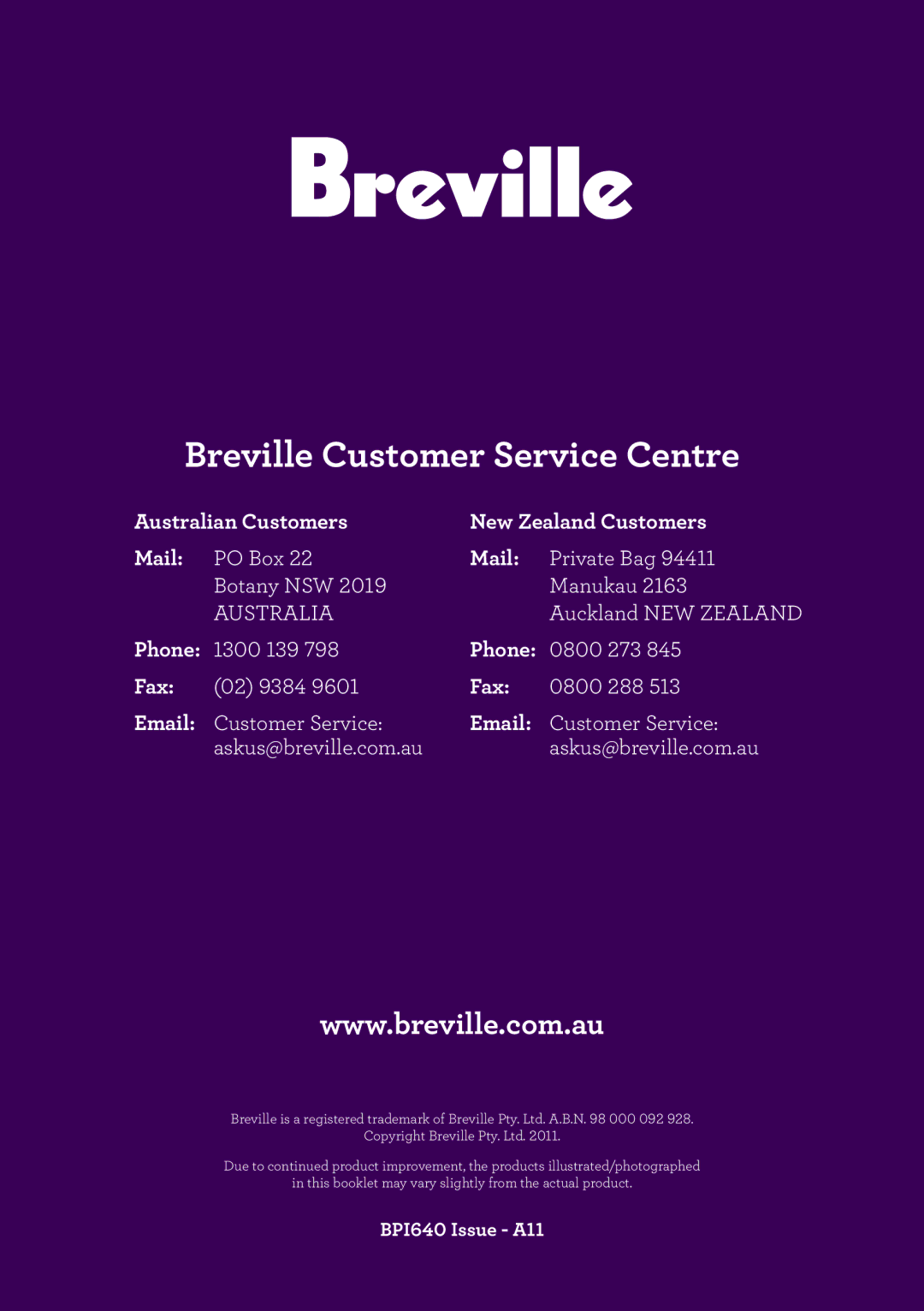 Breville BPI640 manual Australian Customers New Zealand Customers Mail, Phone, Fax 