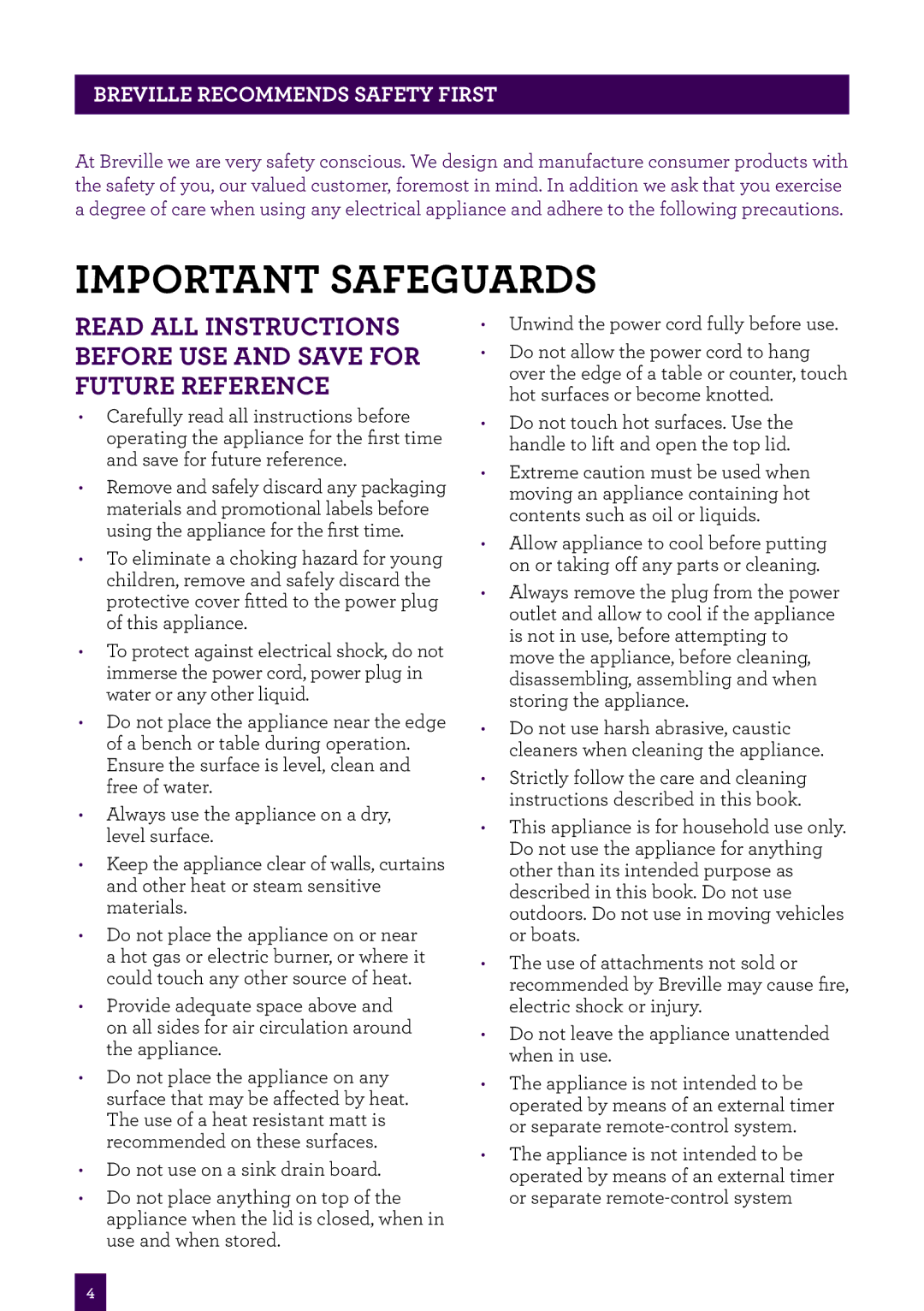 Breville BPI640 manual Important safeguards, Breville recommends safety first 