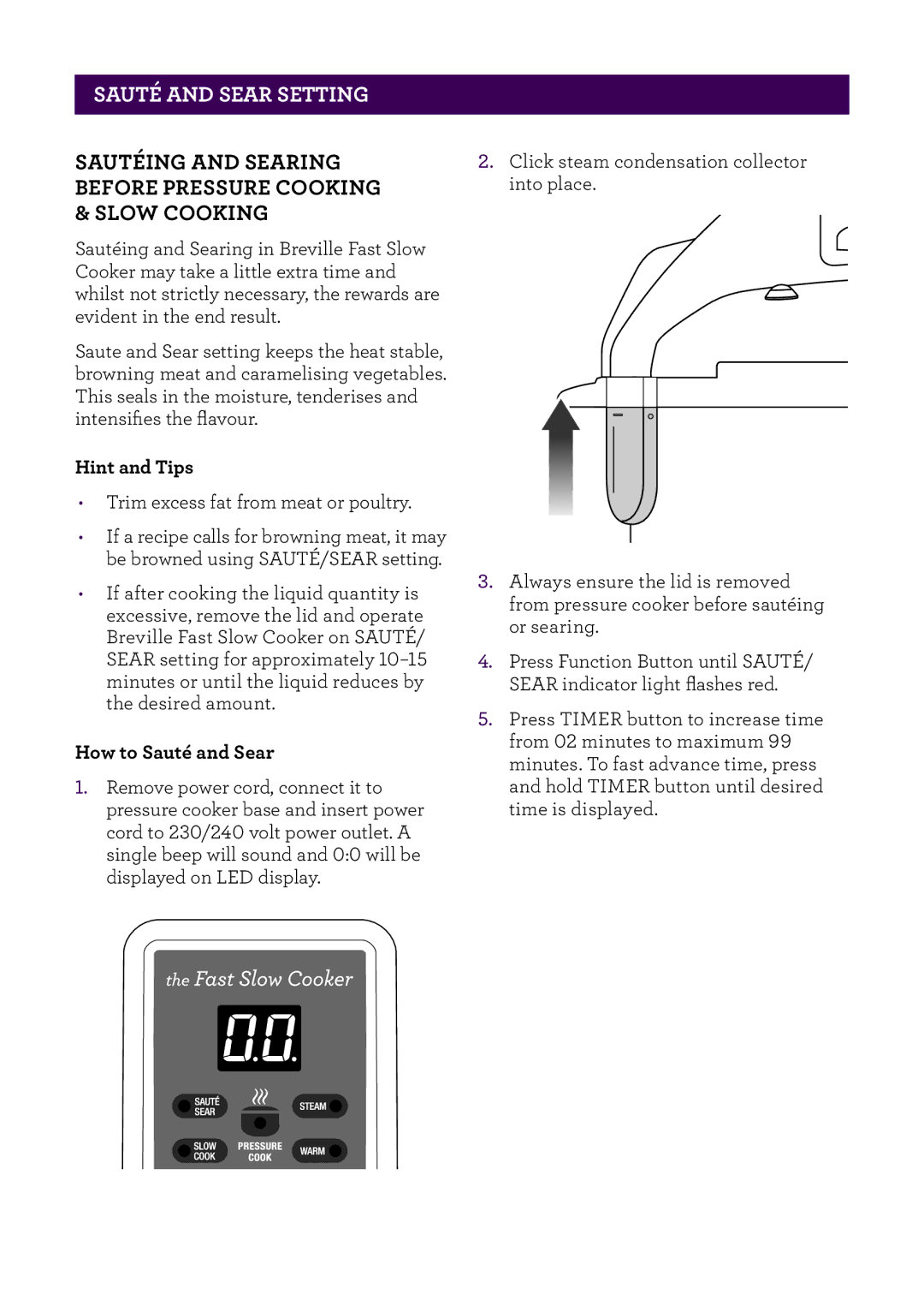 Breville BPR200 manual PAgesautÉheaandersear..... setting, Hint and Tips, How to Sauté and Sear 