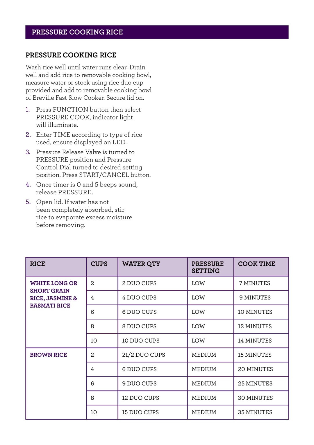 Breville BPR200 manual Pressure cooking Rice, Pressure Cooking Rice 