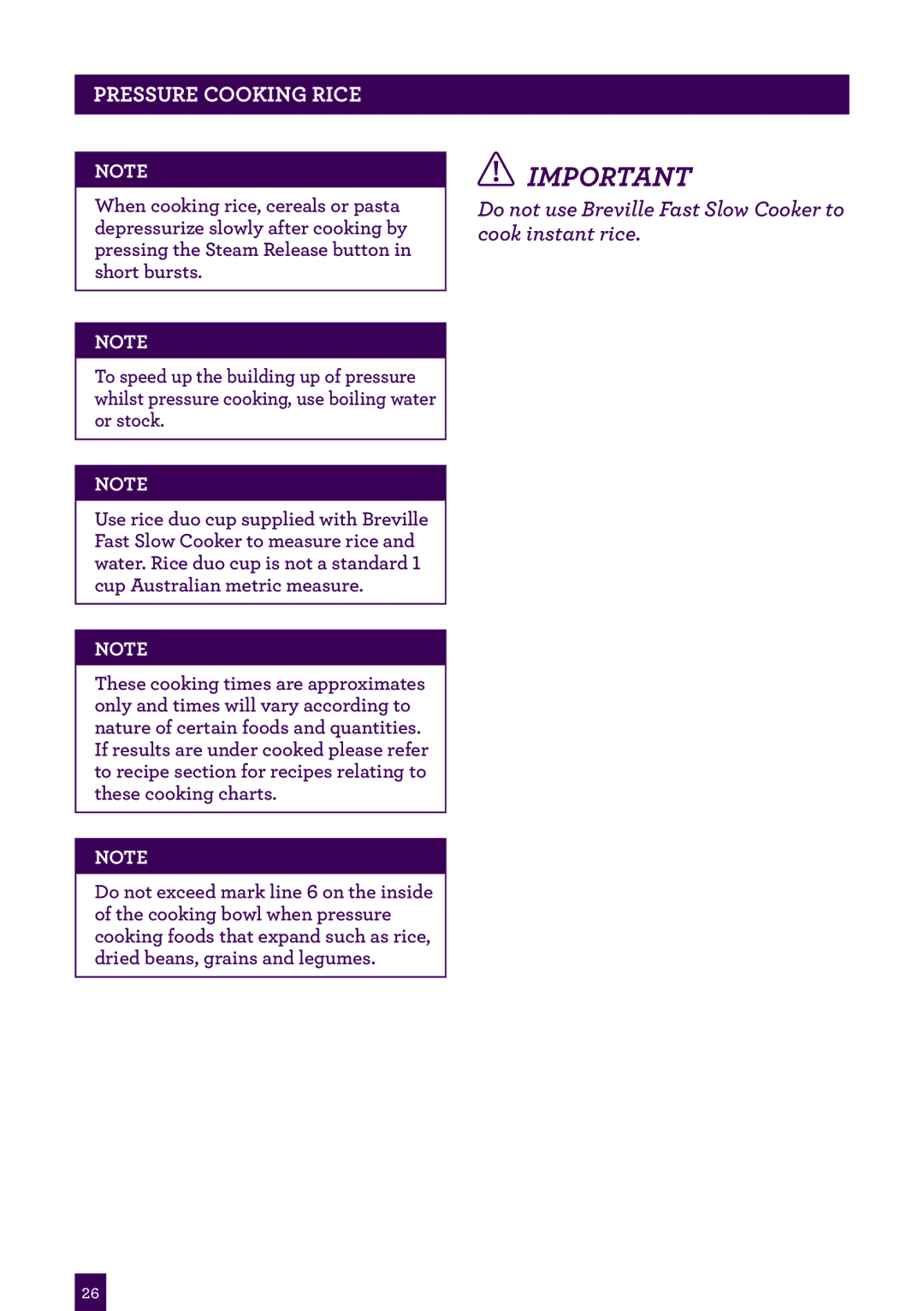 Breville BPR200 manual PressureAge headercooking..... Rice, Do not use Breville Fast Slow Cooker to cook instant rice 