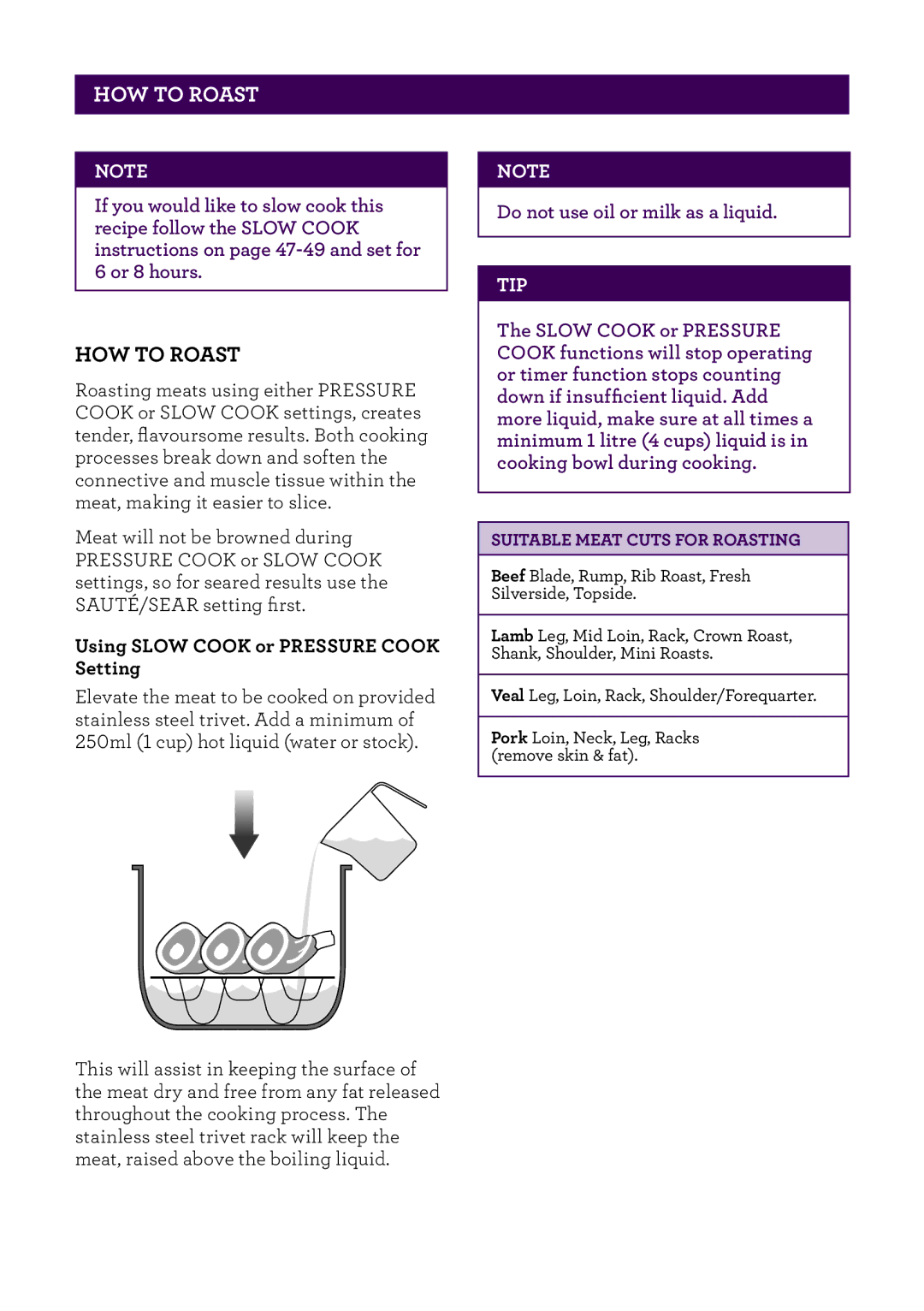 Breville BPR200 manual HOW to Roast, Using Slow Cook or Pressure Cook Setting 