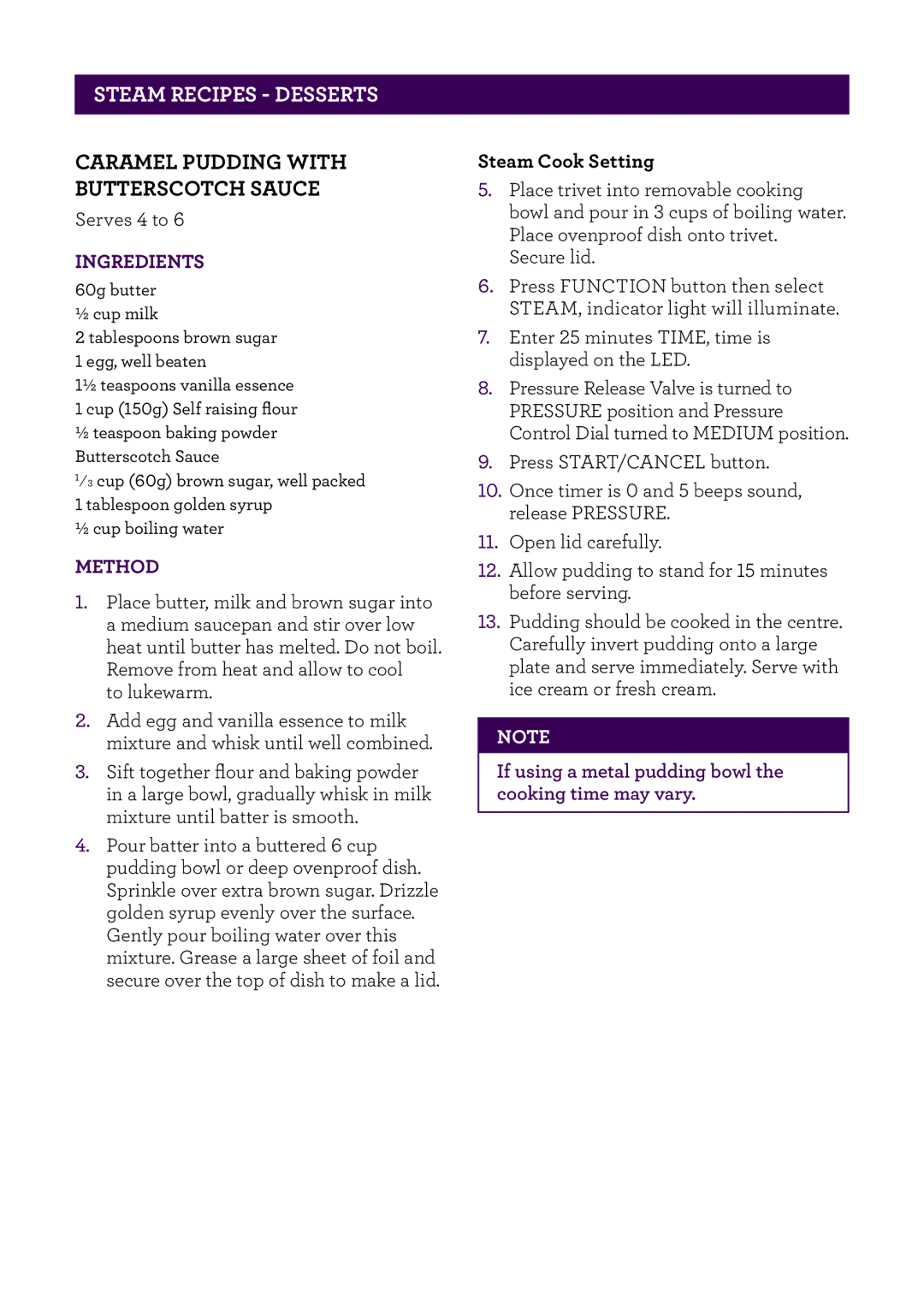 Breville BPR200 manual PAgeSTEAMheaderRECIPES.....- Desserts, Caramel Pudding with Butterscotch Sauce 