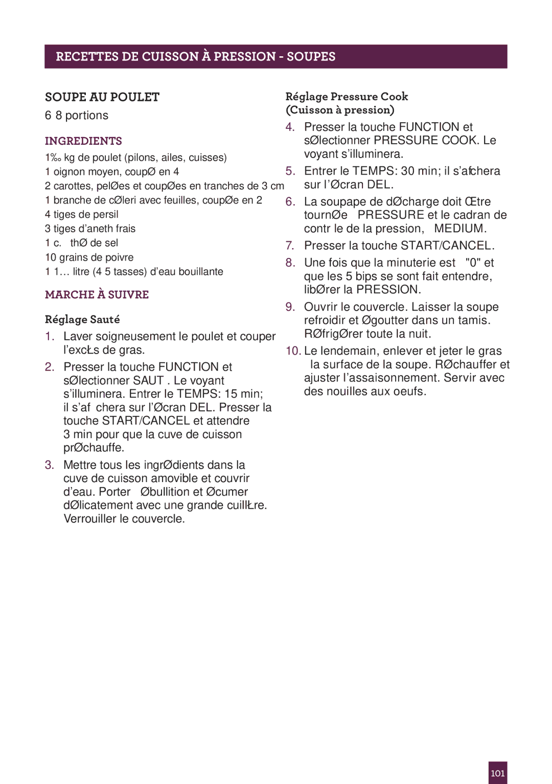 Breville BPR600XL Issue - A12 manual Pagettesrec H ADERCUISSON..... À Pression Soupes, Soupe AU Poulet 