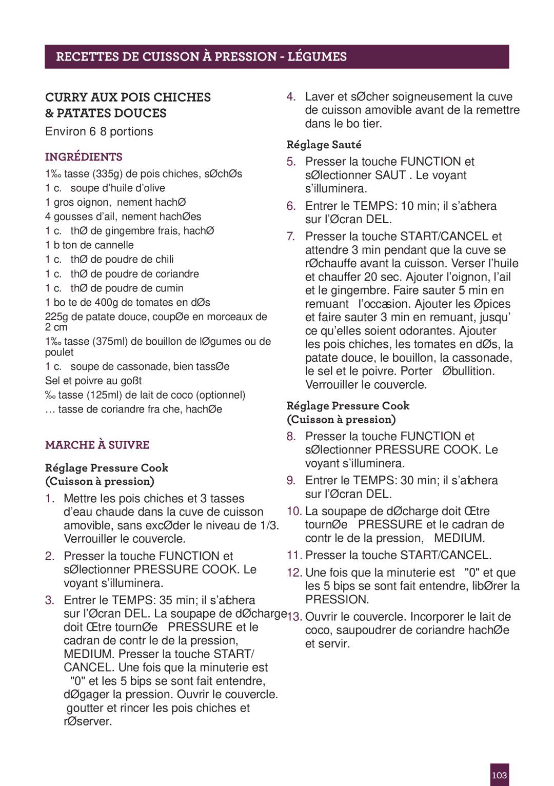 Breville BPR600XL Issue - A12 Pagettesrec H ADERCUISSON..... À Pression Légumes, Curry AUX Pois Chiches & Patates Douces 