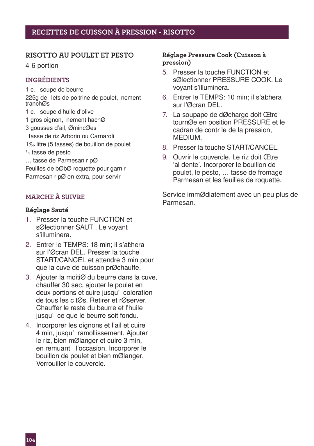 Breville BPR600XL Issue - A12 manual Pagettesrec H ADERCUISSON..... À Pression Risotto, Risotto AU Poulet ET Pesto 