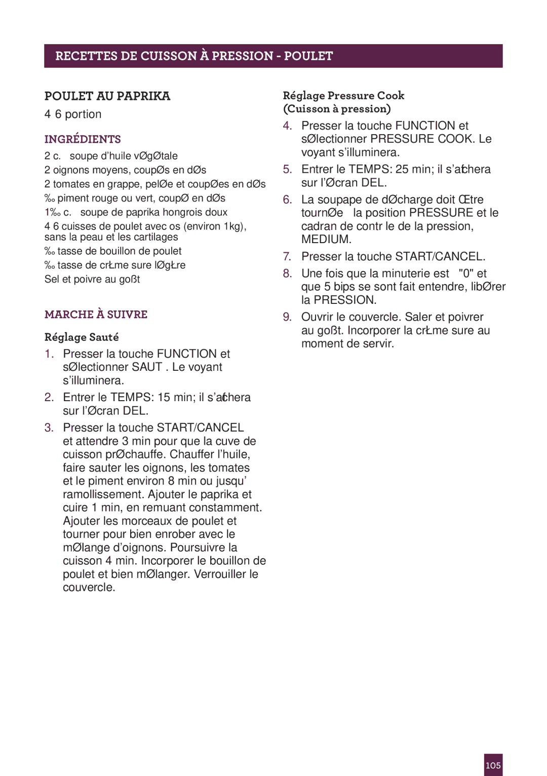 Breville BPR600XL Issue - A12 manual Pagettesrec H ADERCUISSON..... À Pression Poulet, Poulet AU Paprika 