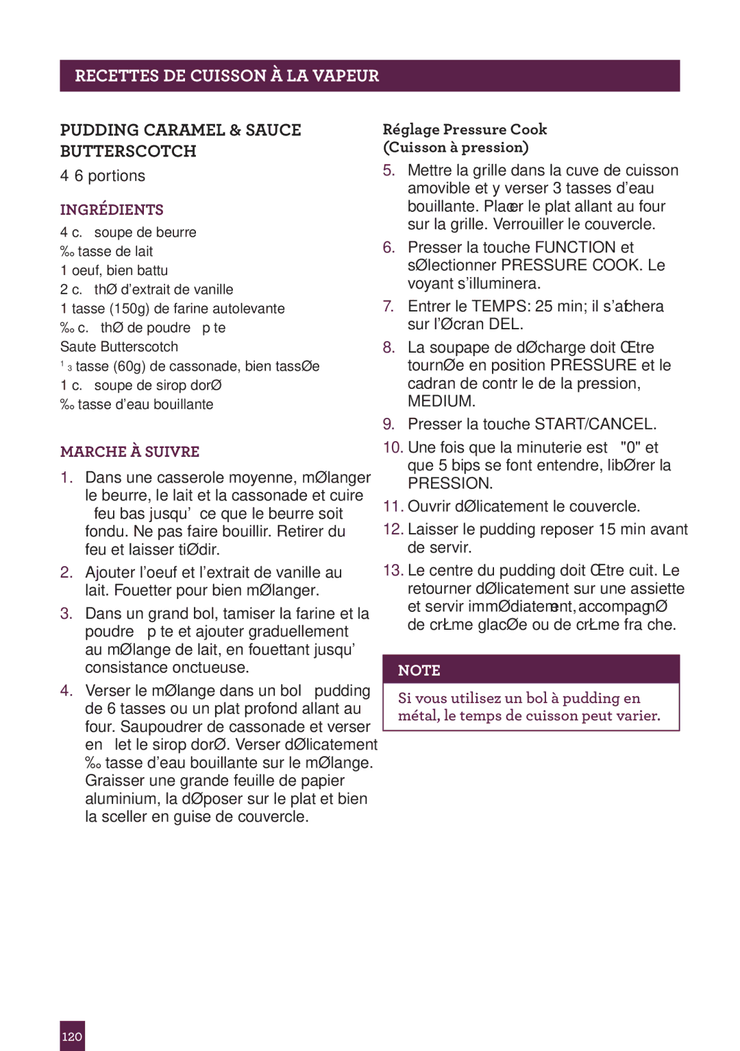 Breville BPR600XL Issue - A12 manual Pudding Caramel & Sauce Butterscotch, Réglage Pressure Cook Cuisson à pression 